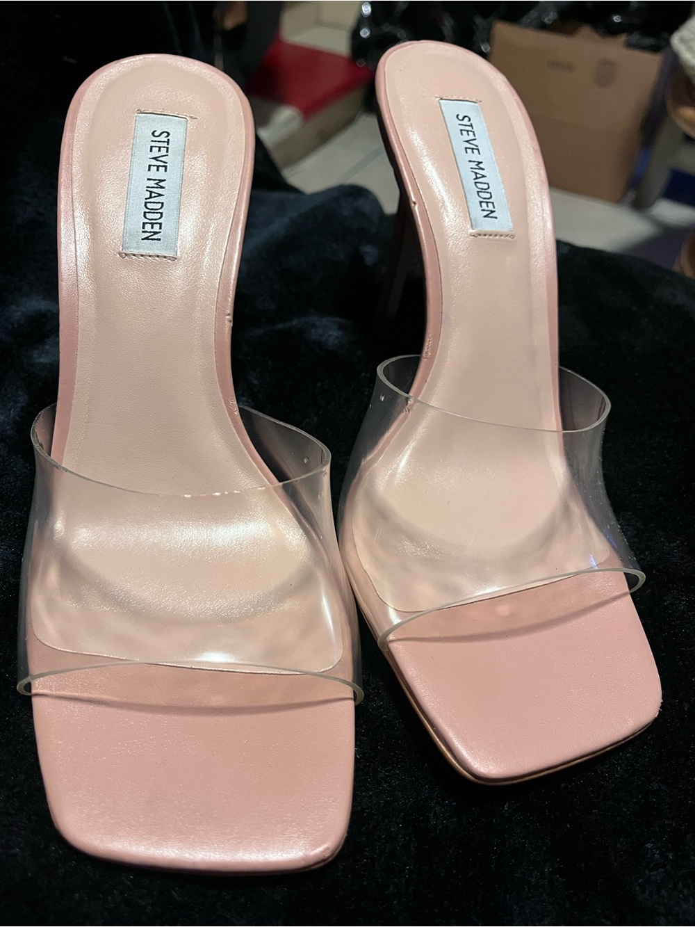 Steve Madden Tan Mule Heels with Clear Strap